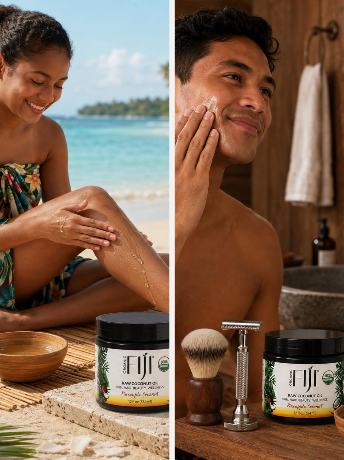 Woman applying coconut oil on her leg at the beach for smooth skin.