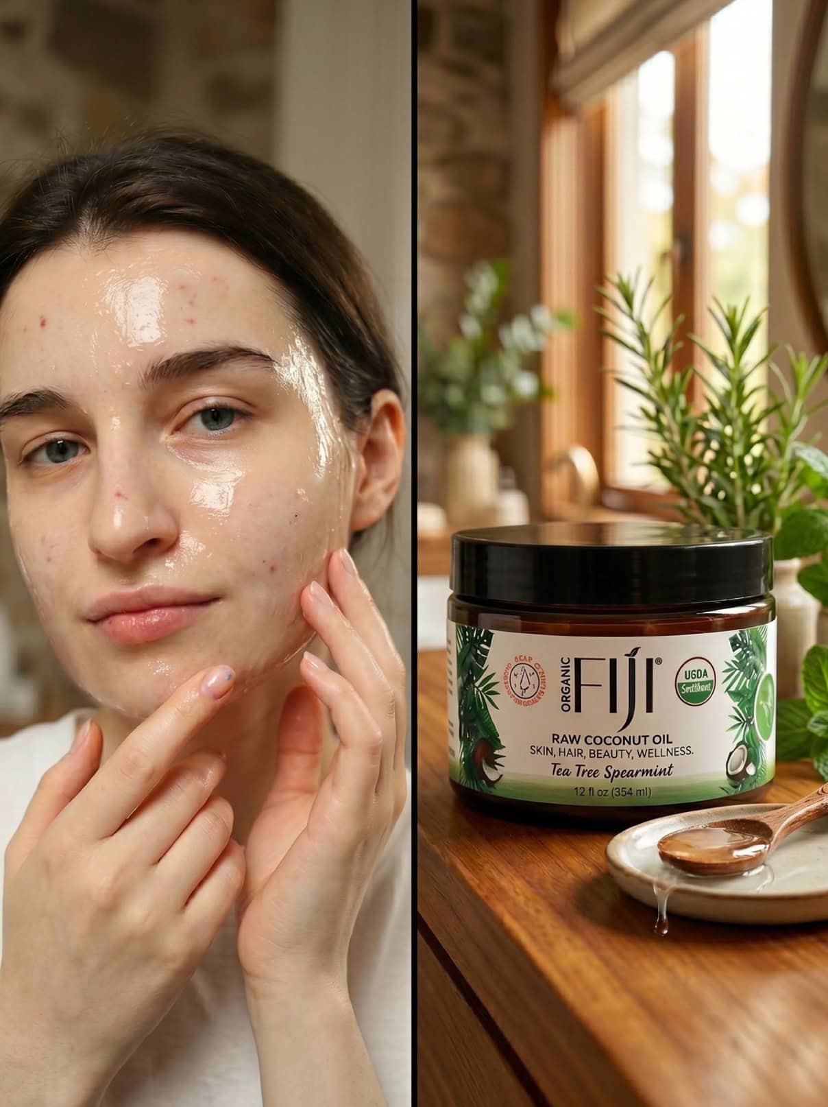 Young woman applying organic coconut oil face lotion for acne treatment.