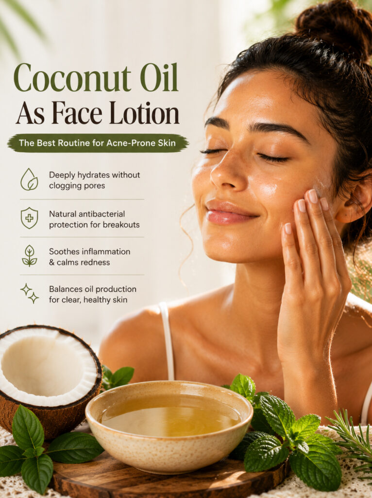 A woman with clear, glowing skin using coconut oil as face lotion for her acne routine.
